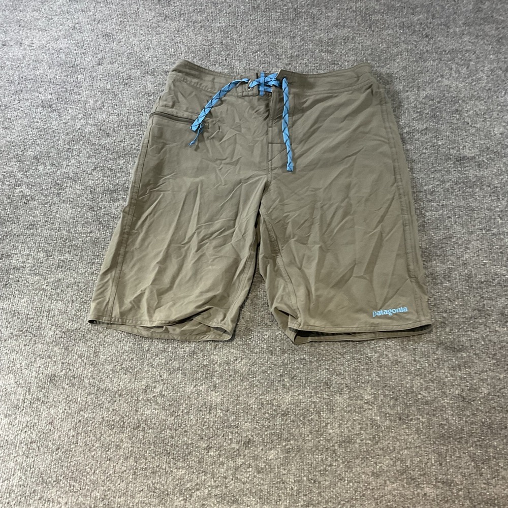Patagonia Mens Khaki Tan Board Shorts Swim Trunks Size 30 Blue Drawstring Logo